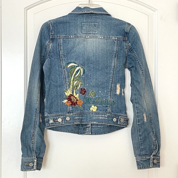 Hollister Cali Denim Jean Jacket Medium Tropical Palm Tree Flowers Embellished - Picture 1 of 9